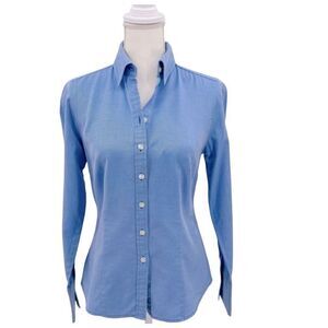 Ann Taylor Shirt Blouse Cotton Button Down Blue White Sise 4